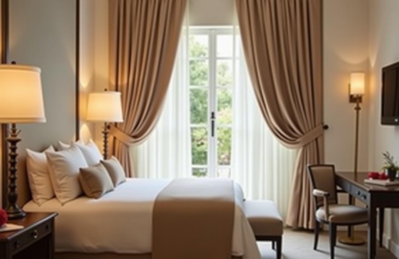 Habitación de hotel boutique con ropa de cama y cortinas de Textilia Creaciones